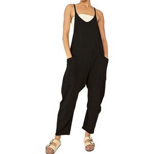 Womens Black Jumpsuit pockets V Neck Sleeveless Spaghetti Straps Harem - M